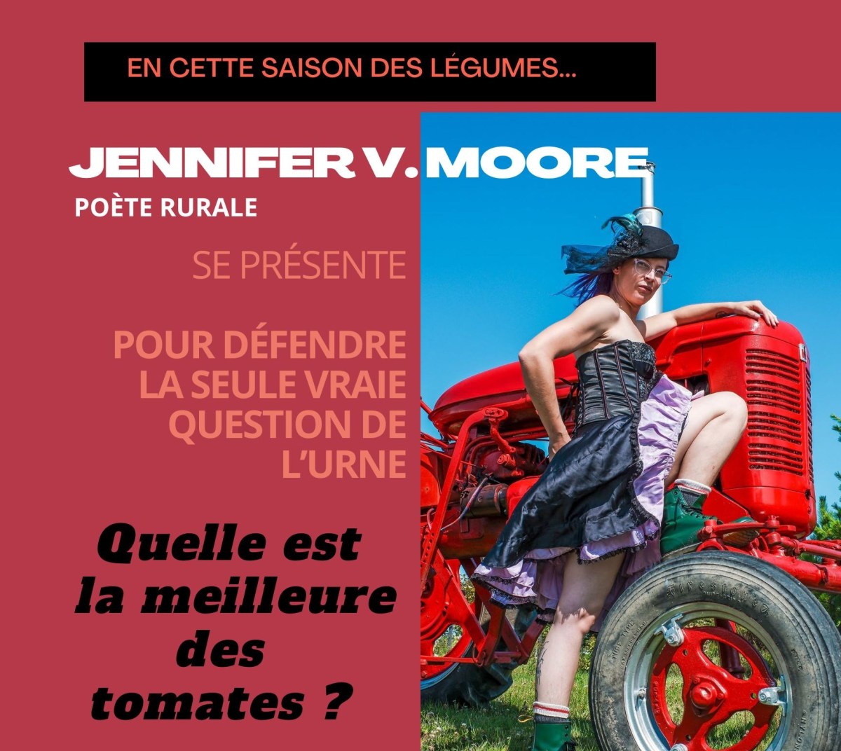 Communiqué –  La poète abitibienne Jennifer V. Moore présentera une nouvelle œuvre intitulée « Quelle est la meilleure des tomates ? » ce mercredi 23 septembre à 19 h 30 dans le cadre de la Soirée mensuelle d’Open Mic (MDMA) au Courant-Alternatif à&nbsp;Amos.